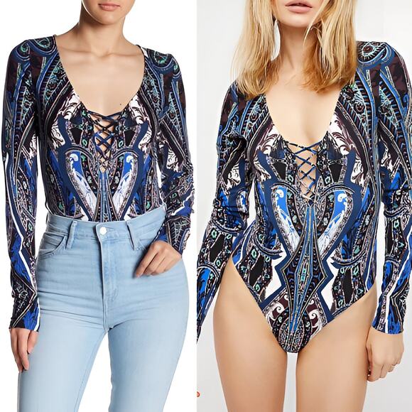 Free People FP Pick A Place Plunge Cross‎ Lace Up Paisley Long Sleeve Bodysuit S - Picture 1 of 8